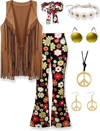 CICOCI 60s 70s Outfit For Women Hippie Costume 8pcs Fringe Vest Flared Pants Costume Peace Sign Necklace Earrings 60s 70s Outfits, Hippie Flare Pants, 70s Outfit, Hippie Accessories, Hippie Party, Peace Sign Necklace, 70s Outfits, Outfit For Women, Fringe Vest