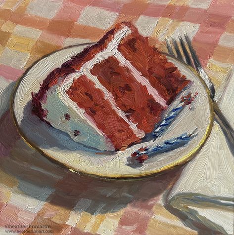 Red Velvet Birthday Cake by Heather Martin, Oil, 6 x 6 x .75 Velvet Birthday Cake, Cake Artwork, Red Velvet Birthday, Red Velvet Birthday Cake, Heather Martin, Bolo Red Velvet, Candle Drawing, Velvet Painting, Cake Drawing