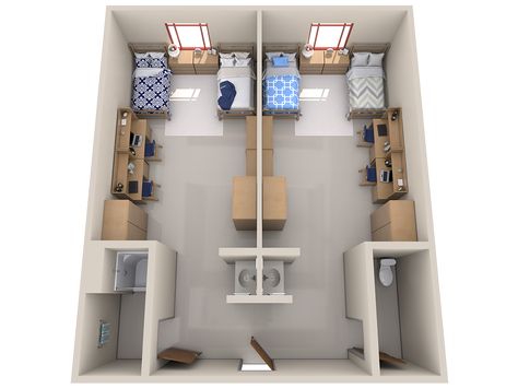 Korean Dormitory Room, Dorm Room Plan Layout, Korean Hostel Room, School Hostel Room, Korean Dorm Room For Two, Bloxburg Dorm Layout, Students Room Ideas, Ave Maria University, 2 Person Dorm Room Layout