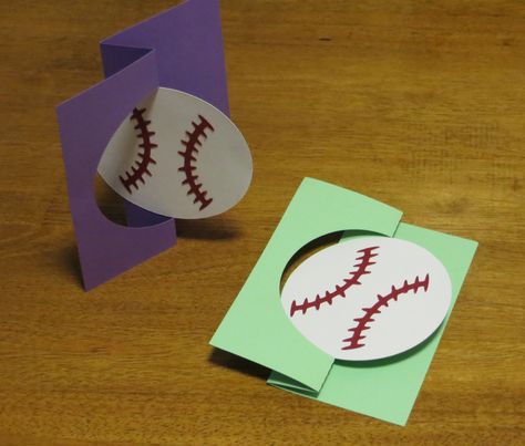 These were birthday cards for baseball lovers. The baseball flips over when the two ends of the card are pulled apart. On the flipside is a baseball bat sticker and the wish, "Hope your birthday is a hit!" Baseball Birthday Card Ideas, Baseball Birthday Cards, Blank Baseball Card Template, Baseball Theme Cards, Handmade Baseball Themed Cards, Baseball Greeting Cards, Baseball Kids, Card Design Ideas, Baby Boy Baseball