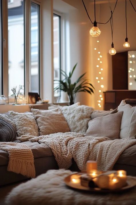 "Transform your space into a cozy retreat with Hygge Living Room Decor! 🛋️🌿 Ideal for adding layers, textures, and soft lighting. 🌿✨ #HyggeDecor #LivingRoomStyle #ComfortAtHome" Cozy Hygge Living Room, Hygge Decor Living Rooms, Hygge Lighting, Hygge Living Room, Cozy Living Room Design, Hygge Living, Cozy Hygge, Hygge Decor, Living Room Style