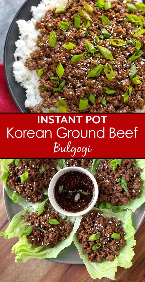 Instant Pot Korean Ground Beef on rice and in lettuce cups Korean Beef Lettuce Wraps, Instant Pot Korean, Korean Beef Tacos, Crockpot Express, Korean Ground Beef, Ip Recipes, Bulgogi Recipe, Beef Lettuce Wraps, Beef Rice