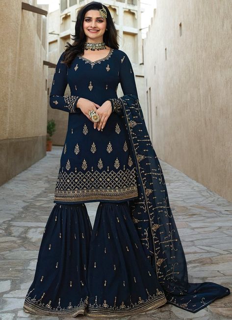 Dark Blue Embroidered Georgette Gharara Suit Blue Sharara Suit, Salwar Kameez Design, Sharara Design, Blue Sharara, Indo Western Outfit, Georgette Palazzo, Eid Collection 2022, Eid Clothes, Gharara Suits