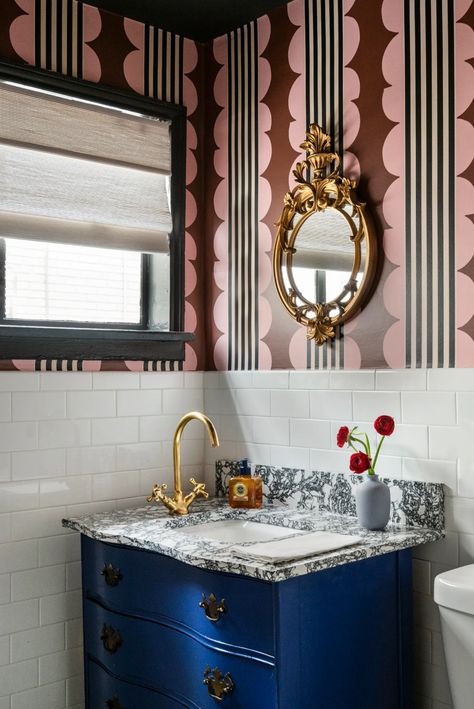 Bold Bathroom Vanity, Bathroom Focal Wall, Victorian Bathroom Vanity, Bathroom Vanity Ideas, Half Bath Remodel, Victorian Era Homes, Bold Bathroom, Easy Hacks, Focal Wall