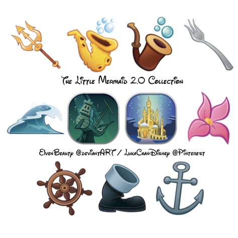 09. The Little Mermaid collection 2.0 [all as emojis (x11)] (Drawing by Disney) #TheLittleMermaid Disney Symbols, Disney Window Decoration, Little Mermaid Tattoo, Little Mermaid Wallpaper, Ariel Disney, Crown Drawing, Necklace Drawing, Mermaid Wallpapers, Princess Movies