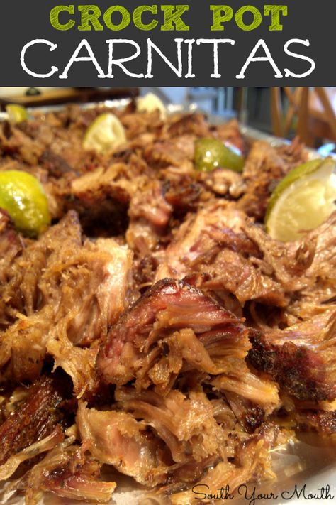 Tender, crispy pork carnitas made easy by seasoning a pork roast or Boston butt with Mexican spices, cooking in the slow cooker then getting those famous crispy bits by placing under the broiler. Crock Pot Carnitas, Pork Roast Crock Pot Recipes, South Your Mouth, Crockpot Pork Roast, Pot Roast Crock Pot Recipes, Juicy Turkey, Turkey Breast Recipe, Pork Carnitas, Crispy Pork