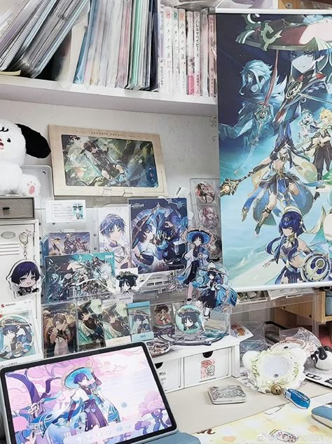 Genshin Impact Bedroom Ideas, Merch Room Ideas, Room Ideas Genshin, Genshin Impact Room Decor Ideas, Genshin Themed Room, Genshin Impact Bedroom, Genshin Room Ideas, Room Anime Ideas, Anime Shrine Bedroom