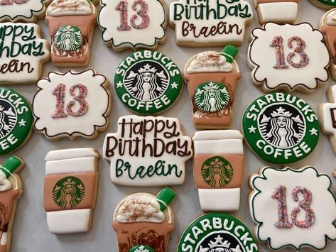 Starbucks Themed Cookies, Starbucks Cookies Decorated, 12 Year Birthday Party Ideas Theme, Starbucks Party Ideas For Teens, Starbucks Bday Party Ideas, Starbucks Party Ideas, 13th Birthday Cookies, Frappy Birthday, Starbucks Themed Birthday Party