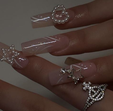 Coffin Charm Nails, Clear White Nail Designs, Long Nails With Charms Y2k, Beige Nails Design, Milky Nails, Retro Nails, Gel Acrylic Nails, White Acrylic Nails, Polygel Nails