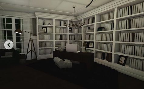 Bloxburg Modern Library, Bloxburg Library Room Ideas, Library Ideas Bloxburg, Bloxburg Library Ideas Exterior, Library Room Bloxburg, Roblox Bloxburg Library Ideas, Bloxburg Library Interior, Bookshelf Bloxburg, Bloxburg Lobby Ideas