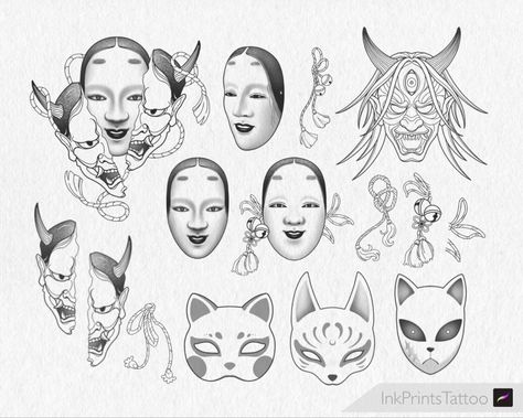 Reference Procreate brushes Japanese Mask Procreate Tattoo Stamp Neo Traditional Drawing Tattoos  🏯Dreaming of meaningful Japanese tattoos?🐲Your dream is our canvas! Click the link above and let's make your vision a reality!🌸#JapaneseTattoo Omni Mask Japanese Tattoo, Noh Mask Drawing, Koomote Tattoo, Noh Mask Tattoo, Neo Traditional Drawing, Tattoo Clipart, Japanese Mask Tattoo, Brush Tattoo, Traditional Drawing