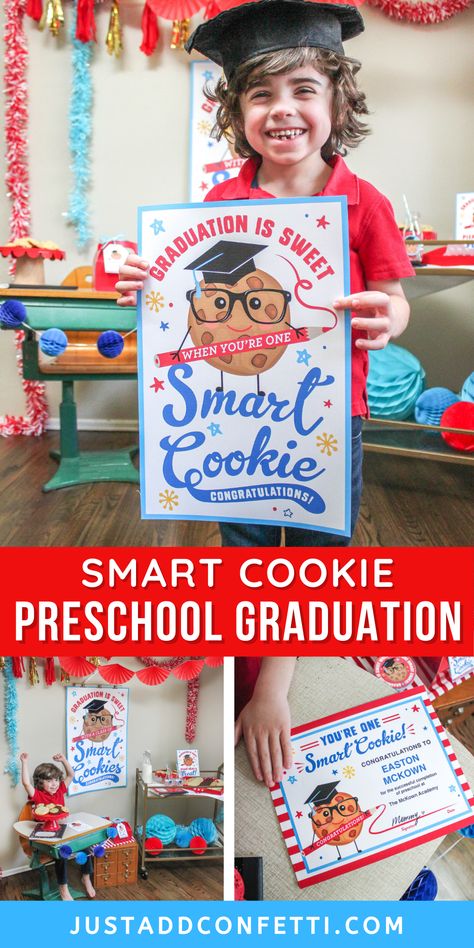 This smart cookie preschool graduation theme is so much fun! Perfect for both class ceremonies or individual celebrations. I’ve created a huge pack of party printable decorations to make planning your party a breeze. From posters and signs, to gift tags and graduation certificates...I’ve got you covered! Everything is available in my Just Add Confetti Etsy shop. What a sweet theme for kindergarten graduation too. Head to justaddconfetti.com for more simple graduation and end of the year ideas! End Of Kindergarten Celebration, Kindergarten Graduation Party Themes, Graduation Posters Signs, Graduation Themes For Preschool, Preschool Graduation Theme Ideas, Graduation Party For Him, Preschool Graduation Ideas Theme, Prek Graduation Theme Ideas, Kinder Graduation Ideas