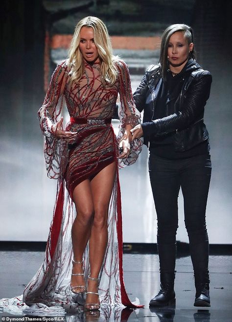 Oops: Amanda was forced to apologise to viewers after she swore during a terrifying act by The Haunting on Monday's episode Kate Actress, Kim Kardashian Cry, Nude Gown, Ziad Nakad, Revealing Dresses, Live On Air, Sheer Gown, Amanda Dress, Britain Got Talent