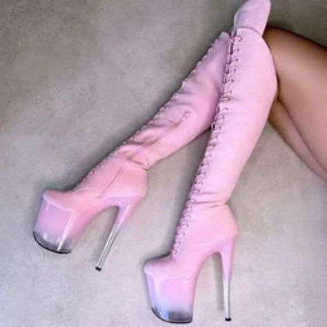 Pink boot heels 👠👠 Pink Boot Heels, Shoe Protectors, The It Girls, Dancer Lifestyle, Pleaser Heels, Light Aesthetic, Clear Shoes, Pleaser Shoes, It Girls