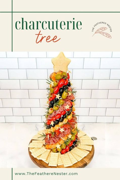 Elevate your holiday party with a festive charcuterie tree, the perfect Christmas appetizer! Fun to build and stunning as a centerpiece, this creative display features savory bites of Italian charcuterie arranged in a spiral around a tree cone. Get into the spirit of the season and impress your guests with this beautiful and delicious appetizer, ideal for pre-dinner mingling. Try it today and add a touch of festive flair to your holiday celebrations! Foam Christmas Tree Appetizer, Christmas Trees Charcuterie, Holiday Theme Appetizers, Xmas Tree Charcuterie Board Ideas, How To Make A Charcuterie Christmas Tree, Asparagus Tree Christmas Vacation, Foam Tree Charcuterie, Styrofoam Tree Charcuterie, Tree Shaped Appetizer