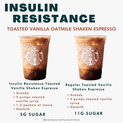 Insulin Resistance Dietitian on Instagram: “Feeling like you can't have ANY FUN DRINKS at Starbucks while reversing insulin resistance? This post is for you! SAVE, SHARE, AND TRY…” Insulin Resistance Drinks, Insulin Resistance Coffee, Insulin Resistant Starbucks Drinks, Starbucks Insulin Resistance, Insulin Resistance Starbucks Drinks, Toasted Vanilla Oatmilk Shaken Espresso, Vanilla Oatmilk Shaken Espresso, Insulin Resistance Meals, Sugar Free Starbucks Drinks