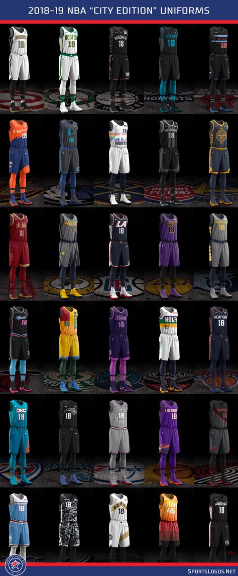 2018-19 NBA City Uniforms Tracker | Chris Creamer's SportsLogos.Net News and Blog : New Logos and New Uniforms news, photos, and rumours Aau Basketball Uniforms, College Football Logos, Nba Uniforms, Custom Basketball Uniforms, Nfl Uniforms, Basketball Uniforms Design, Sports Uniform, Football Uniform, Basketball Clothes