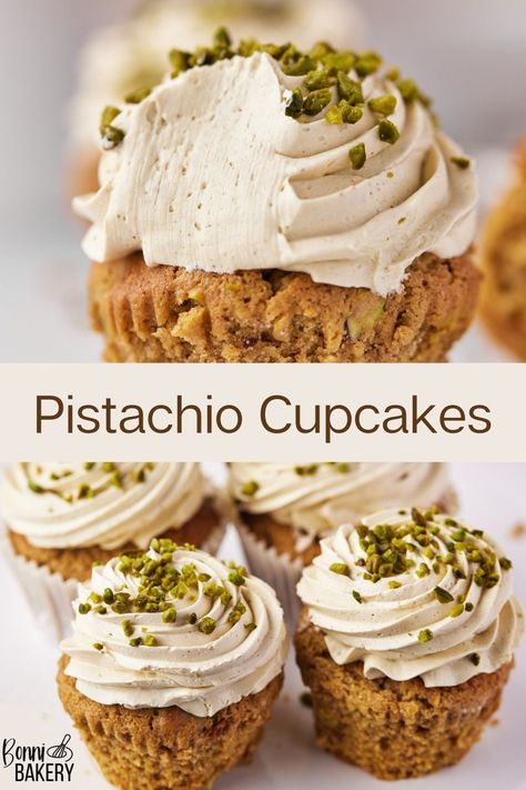 These pistachio cupcakes are bursting with pistachio flavor. Made from scratch with real pistachios, they have a super soft and fluffy sponge with chopped pistachios, topped with a pistachio italian meringue buttercream. Easy cupcake recipe for an authentic italian dessert flavor. #baking #bakingrecipe #foodphotography #foodphoto #italianmeringuebuttercream #pistachiobuttercream #cupcakerecipe #pistachiocupcakes #italianpistachiocake #pistachiopaste #pistachiobutter #nutbutter #bakingwithnuts Pistachio Swiss Meringue Buttercream, Beautiful Baked Goods, Pistachio Brownies, Pistachio Desserts, Pistachio Buttercream, Easy Cupcake Recipe, Authentic Italian Desserts, Pistachio Cupcakes, Italian Meringue Buttercream