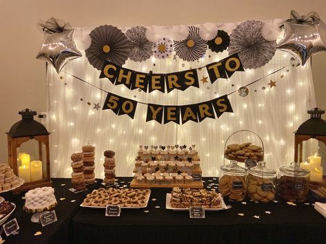 50th Birthday Ideas For Table Decorations, 50 Years Man Birthday Decoration, Dessert Table For Mens Birthday, Dessert Table For Man Birthday, 50th Birthday Snack Table, 50th Birthday Candy Table, 50 Birthday Dessert Table, 50th Birthday Sweet Table Ideas, 50th Candy Table Ideas