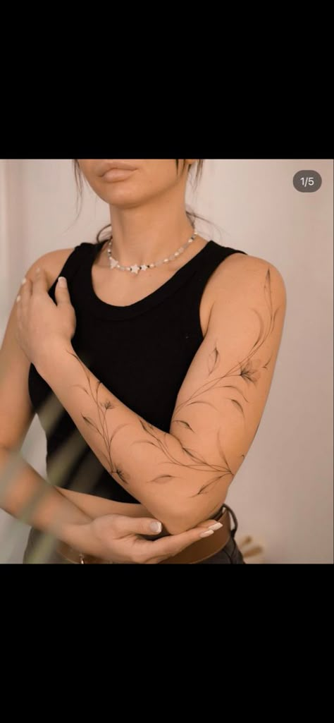 Floral Vine Sleeve Tattoos For Women, Botanical Arm Band Tattoo, Vine Tattoos Forearm, Vine Arm Sleeve, Upper Arm Vine Tattoo, Vines Around Arm Tattoo, Line Work Sleeve Tattoo, Arm Cuff Tattoo For Women, Arm Wrap Around Tattoo