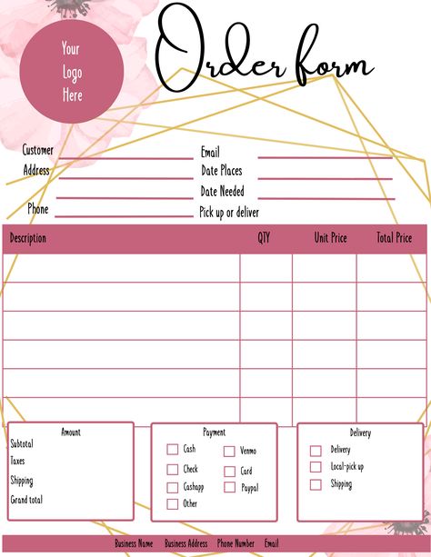 Pink order form with flowers that you can customize to your business Diy Order Form, Custom Order Form For Craft Show, Small Business Order Forms, Order Forms For Craft Business, Tumbler Business, Business Worksheet, Purchase Order Form, Custom Order Form, Printable Invoice