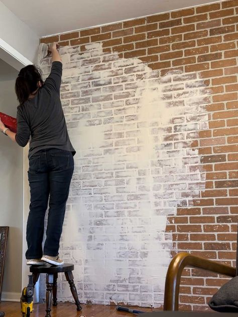 Brick Wall Panels: How to Make an Accent Wall - The Shady Gal Fo Brick Wall Diy, Faux Brick Wall Panels Living Room, White Brick Wall Bedroom Ideas, Brick Paneling Ideas Accent Walls, House Foundation Covering Ideas, Brick Paneling Ideas, Brick Wall Bedroom Ideas, Cheap Accent Wall Ideas, White Brick Wall Bedroom