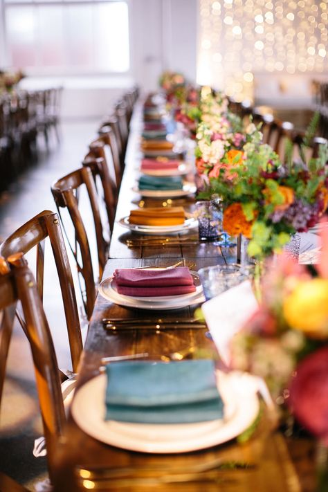 Colourful Napkins Wedding Place Settings Ideas Emily Jarrett Photography #wedding #placesetting Colorful Wedding Table Decorations, Colorful Wedding Napkins, Colorful Warehouse Wedding, Coloured Napkins Wedding, Dried Flower Altar, Colourful Napkins Wedding, Colorful Napkins Wedding, Colorful Wedding Linens, Colorful Place Setting