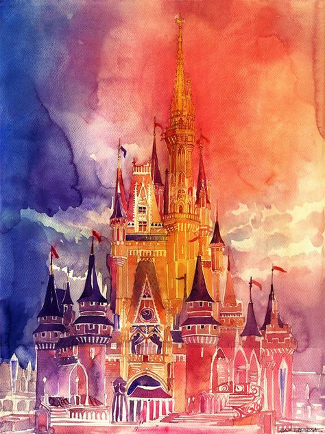 New Architectural Watercolors by Maja Wronska  http://www.thisiscolossal.com/2014/03/new-architectural-watercolors-by-maja-wronska/ Chateau Disney, Painting Fabric, Castle In The Sky, Cinderella Castle, Art Disney, Fabric Canvas, Disney Castle, Mosaic Diy, Disney Life