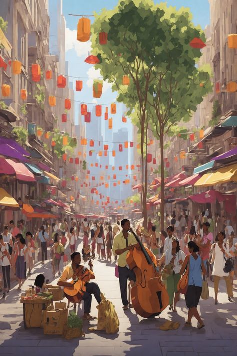 Step into the heart of a bustling city with "Urban Oasis." In this episode, immerse yourself in the rich tapestry of urban life as you listen to the vibrant sounds of a crowded avenue—people chatting, vendors hawking their wares, and musicians serenading passersby. Bustling City Aesthetic, Genius Loci, Bustling City, Inner Demons, Concept Board, Urban Oasis, Business District, Urban Living, Brand Board