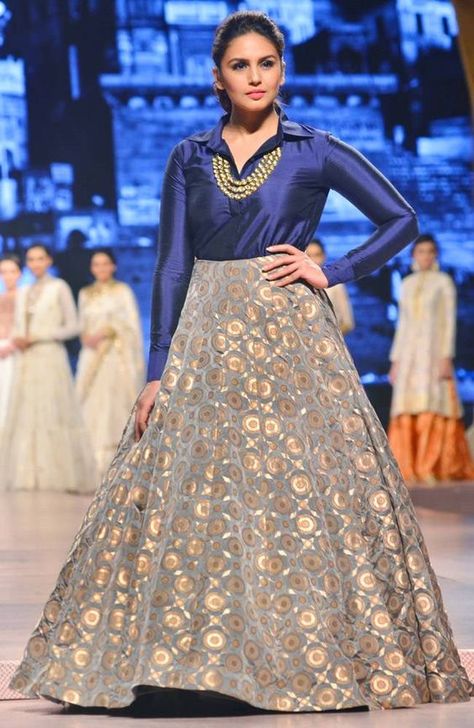 Banarasi Skirt With Shirt, Banarasi Skirt And Top, Satin Shirt With Skirt, Huma Quraishi, Banarasi Skirt, Long Skirt Top Designs, Fashion In India, Athiya Shetty, Huma Qureshi