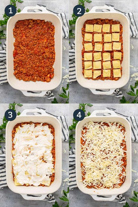 Pasta night is even better with this comforting and delicious cheesy ravioli lasagna bake, where two Italian favorites are combined. Dinner Hamburger Meat, Ravioli Lasagna Bake, Lasagna With Ricotta Cheese, The Cooking Jar, Cheesy Ravioli, Lasagna Bake, Sausage Ravioli, Baked Ravioli Casserole, Baked Ravioli Recipe