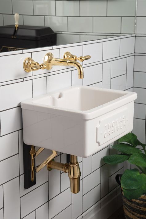 Townhouse Bathroom, Cloakroom Sink, Thomas Crapper, Downstairs Wc, Downstairs Cloakroom, Basin White, Pastel Home Decor, Wall Mount Sink, Downstairs Loo