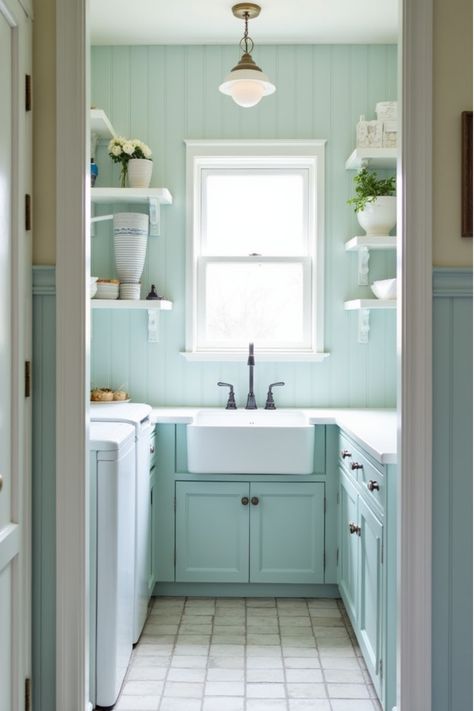 Coastal-inspired laundry room with pale blue walls and white shelving Classic Laundry Room, Laundry Room Paint Colors, Coastal Laundry Room, Laundry Room Paint Color, Laundry Room Paint, Pale Blue Walls, Laundry Room Colors, Laundry Space, Coastal Boho