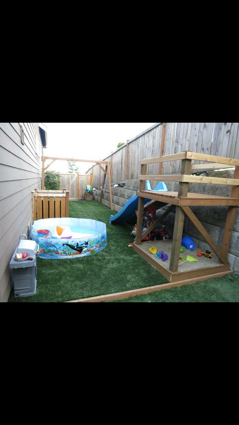 Wasted space side yard turned into kids outdoor play area slide, turf, swing set, sandbox Kids Outdoor Play Area, Kid Friendly Backyard, Outdoor Kids Play Area, Kids Yard, Outdoor Play Space, Play Area Backyard, Backyard Kids Play Area, Toddler Outdoor, Build A Playhouse