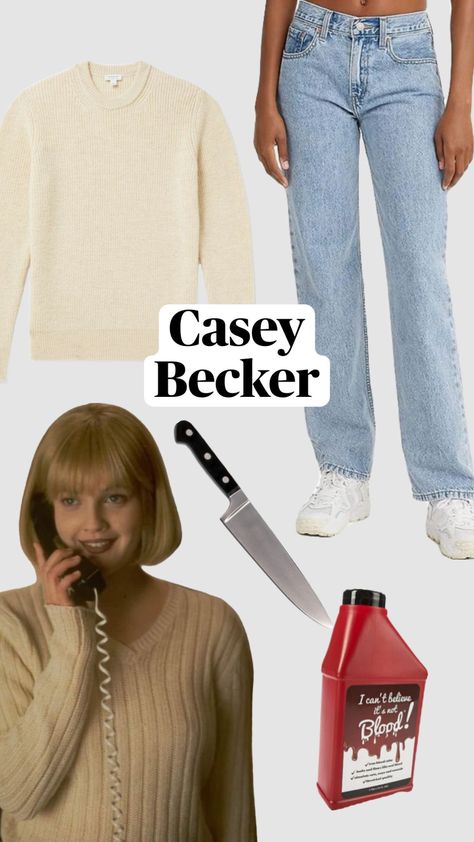 Casey Becker scream easy horror halloween costume inspo/idea perfect for cold weather #caseybecker #scream #drewbarrymore #halloween #halloweenaesthetic #halloweeninspo #halloweencostume #costume Drew Barrymore Scream Costume, Halloween Costume Cold Weather, Sydney Prescott Costume, Halloween Costumes For Cold Weather, Drew Barrymore Scream, Casey Becker, Scream Halloween Costume, Warm Halloween Costumes, Scream Outfits