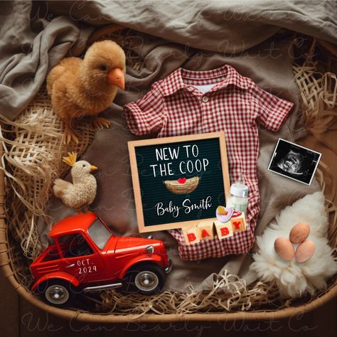 Demo link: https://www.corjl.com/d/3M1283 There is no other way to express to your loved ones that a new little chicken is joining the coop, than with our cute digital farm pregnancy announcement. This announcement is editable and gender neutral. Enjoy!  Please be aware that you will NOT receive a physical copy of the photo via mail. This is a 10.66 x 10.66-inch digital image that you'll be able to edit using the link from Corjl. If you get stuck or have any questions, then feel free to contact us :)  Images belong to We Can Bearly Wait Co. and are copyright protected. Therefore, these photos cannot be purchased for resale, claimed as your own design, or copied. Chicken Baby Announcement, Chicken Pregnancy Announcement, Farmer Pregnancy Announcement, Farm Baby Announcement, Farm Pregnancy Announcement, Country Pregnancy Announcement, Fun Baby Announcement, Cute Pregnancy Announcement, Baby Announcement Pictures