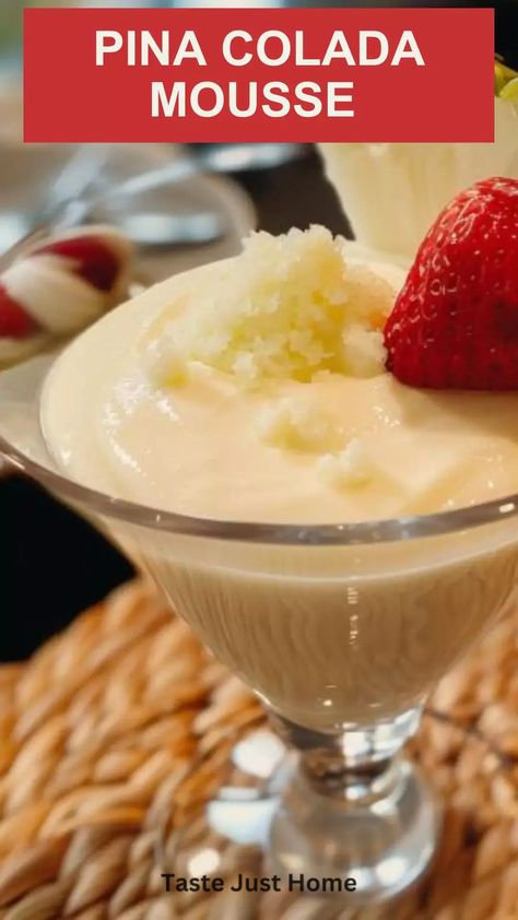 Pina colada mousse Pineapple Mousse Recipe, Pina Colada Mousse, Pina Colada Dessert, Vegan Pina Colada, Pina Colada Recipe, Custard Pudding, Refreshing Desserts, Coconut Whipped Cream, Mousse Recipes