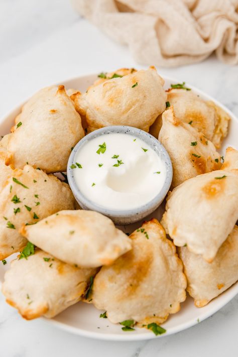 Air Fryer Pierogies, Sour Cream Dipping Sauce, Cream Cheese Roll Ups, Frozen Pierogies, Cheese Roll Ups, Yummy Appetizers Parties, Cream Cheese Roll Up, Homemade Appetizer, Sour Cream Dip