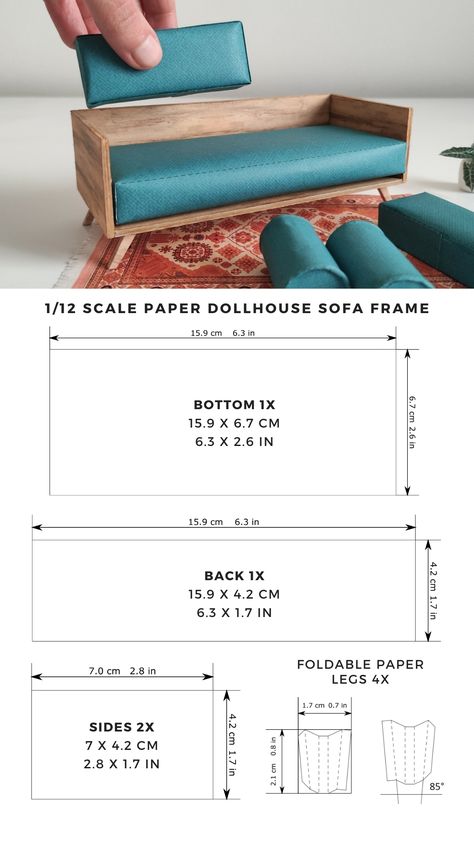 Create this mini 1/12 scale sofa frame for a modern dollhouse interior with the measurements from this template. Suitable for wood, paperboard or any other 3 mm or 1/8 inch thick material. You can also use skewers to make the legs of the sofa. Model Furniture Diy, Paper Sofa Template, Dollhouse Sofa Diy, Miniature Furniture Template, Miniature Sofa Diy, Doll House Ideas Interiors, Diy Dollhouse Furniture 1:12, Dollhouse 1:12, How To Make Doll House Furniture