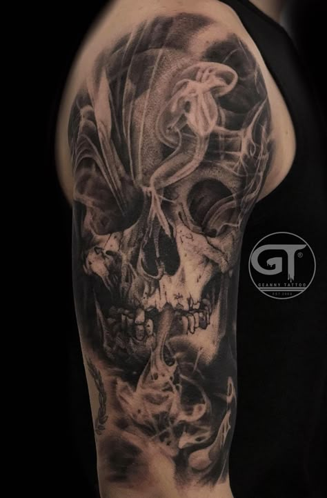 Skull Shoulder Tattoo Men, Skull Shoulder Tattoo, Demon Tattoos, Aa Tattoos, Husband Tattoo, Soldier Tattoo, Skull Rose Tattoos, Skull Hand Tattoo, Skull Sleeve Tattoos