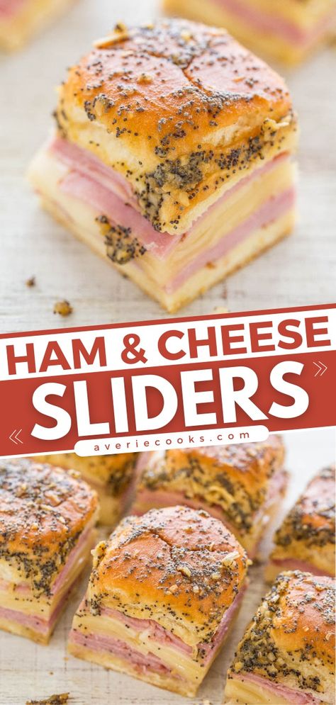 Ham and Cheese Sliders on Hawaiian Rolls - Averie Cooks Hawaiian Roll Sandwiches, Sliders Recipes Hawaiian Rolls, Ham Cheese Sliders, Ham Sliders, Hawaiian Roll Sliders, Ham And Cheese Sliders, Rolled Sandwiches, Party Snacks Easy, Cheese Sliders