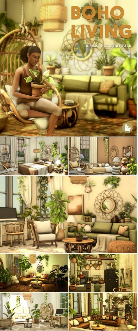 Boho Living Sims 4, Ts4 Cc Cottagecore Furniture, Sims 4 Boho House Cc, Boho Bedroom Sims 4 Cc, Sims Boho House, Sims 4 Cc Furniture Cottage, Boho Kitchen Sims 4, Book Nook Sims 4, Sims 4 Cc Earthy Furniture