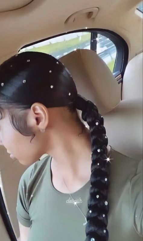 Rhinestone Ponytail Braid, Braided Ponytail With Pearls, Hair Clips Braids, Rhinestone Ponytail, Prom 2k24, Baddie Lifestyle, Sparkle Pony, Black Ponytail, Slicked Back Ponytail