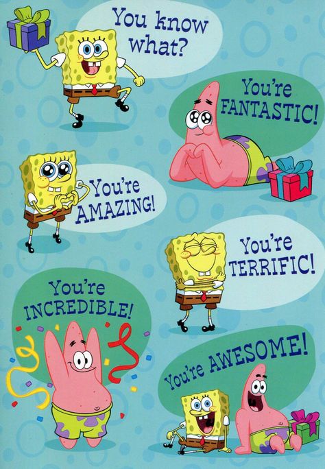 PRICES MAY VARY. Greeting Card Birthday SpongeBob Squarepants Greeting Card Birthday SpongeBob "you know what?, you're fantastic, you're amazing, you're terrific, you're incredible, you're awesome. Inside greeting reads "You're the Best Kid Ever! Because we can! Happy Birthday. Happy Birthday Spongebob, Spongebob Fanart, Birthday Spongebob, Spongebob Birthday, Greeting Card Birthday, Have A Happy Day, You're Amazing, You're The Best, You're Awesome