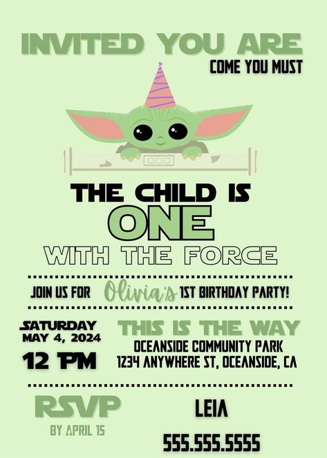 One With the Force Birthday Customizable Invite - Etsy One With The Force Birthday, Grogu Birthday Party, Star Wars Birthday Party, Star Wars Birthday, Girl Birthday Party, The Force, 5th Birthday, 1st Birthday Parties, Birthday Party Invitations