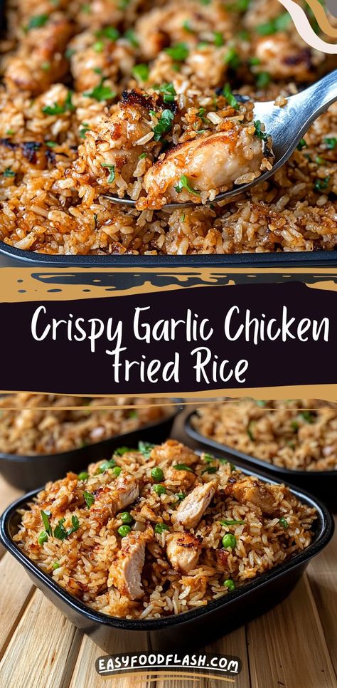 A quick and healthy fried rice dish packed with protein from crispy chicken and scrambled eggs. This high-protein, flavor-packed meal features garlic, veggies, and a savory blend of soy sauce and sesame oil. Stir Fry Rice And Chicken, Crispy Rice Dishes, Garlic Chicken Fried Rice Recipe, Honey Garlic Chicken Fried Rice, Crispy Chicken Rice Bowl, Bbq Chicken Fried Rice, High Protein Dinner Sides, Rice Lunch Recipes, Crispy Fried Rice Recipe