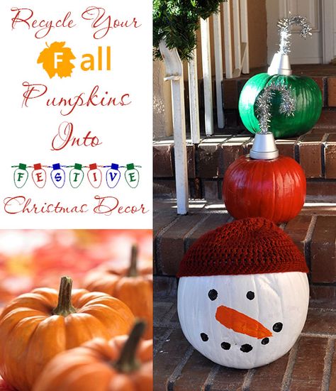 Recycle and reuse fall pumpkins into fun and festive christmas decor. Make Ornament and snowman decorations out of pumpkins! These are so cute! Pumpkin Christmas Decor, Pumpkins For Christmas Decorations, Pumpkins Into Christmas Decorations, Pumpkin Into Christmas Decoration, Turning Pumpkins Into Christmas Decor, Turn Pumpkins Into Christmas Decor, Reuse Pumpkins For Christmas, Repurpose Pumpkins For Christmas, Christmas Pumpkins Decoration Ideas