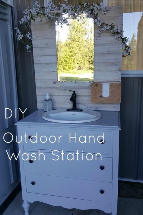 Want to have a beautiful outdoor hand wash station? Make your own in a weekend instead of renting one. Instructions in post. Wedding venue approved! Portable Sink, Wash Station, Portable Restrooms, Wedding Bathroom, Decorative Garden Fencing, Log Cabin Ideas, Outdoor Toilet, Hand Washing Station, Outdoor Sinks