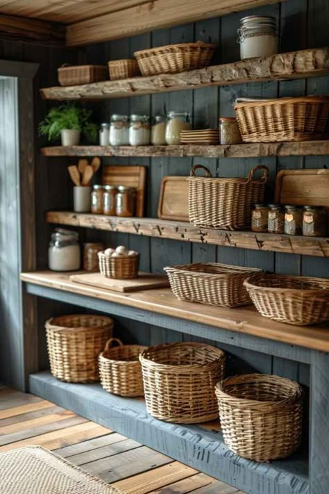 Farm Kitchen Shelves, Open Pantry Cabinet Ideas, Vintage Kitchenware Display, Cottage Home Interior Ideas, Hooks In Pantry, Victorian Pantry Ideas, Primitive Pantry Ideas, Baskets On Cabinets, Floor To Ceiling Shelves Kitchen