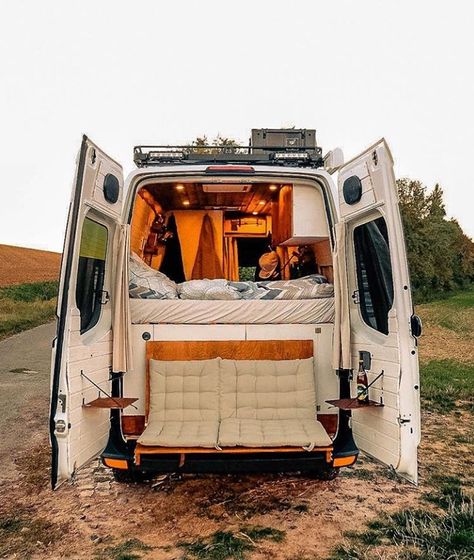 Couple's Van Life with a Tailgate Loveseat on their DIY VW Crafter Conversion Camper Van Inspiration, Converted Vw Van, Van For 3 People, Ford Econoline High Top Van Conversion, Vw Bus Conversion, Vw Vanagon Interior Ideas, Livable Vans, Ford Ecoline Van Conversion, Van Wardrobe